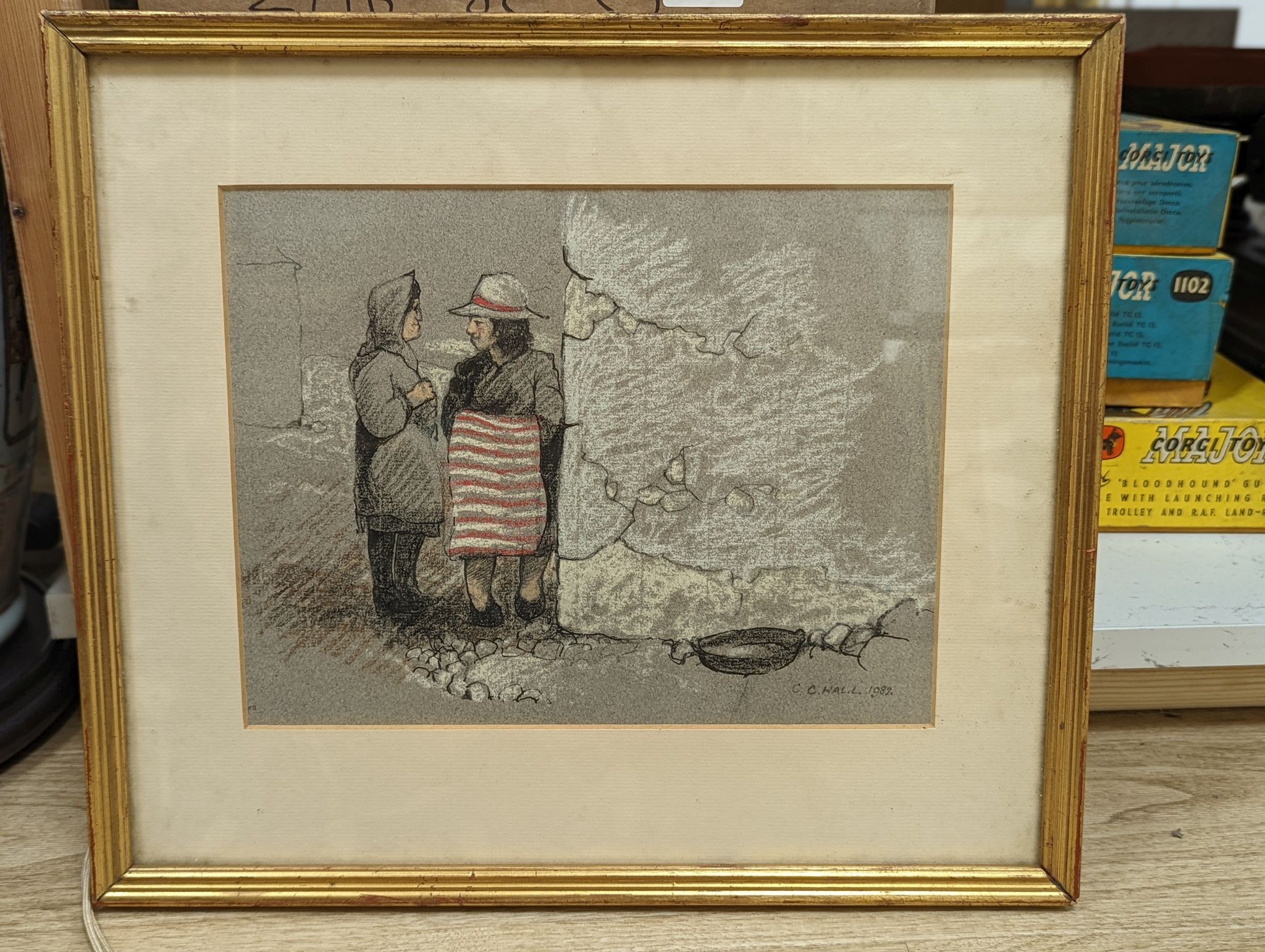 Christopher Hall (1930-), ink and pastel, 'Two Women - Castro Diare Portugal', signed and dated 1982, label verso, 21 x 28cm